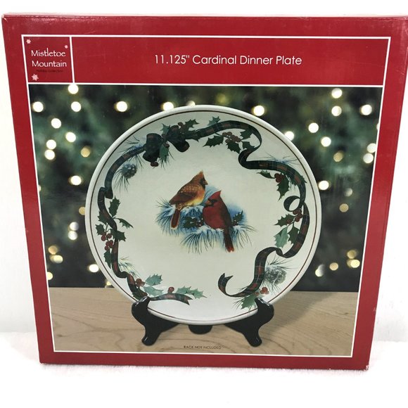 Christmas Cardinal Decorative Plate Mistletoe Mountain White Red - Picture 3 of 7